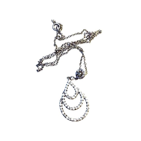 Sterling Silver 925 Teardrop Rhinestone Pendant Necklace Dainty Vintage Look - Picture 7 of 8